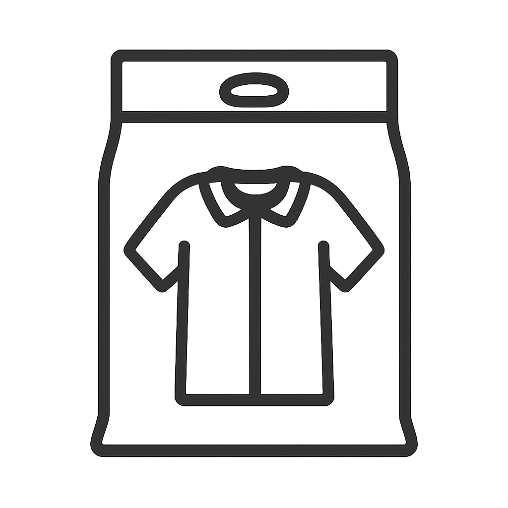 A clipart image of t-shirt inside a package, the t-shirt has an open top and pockets.