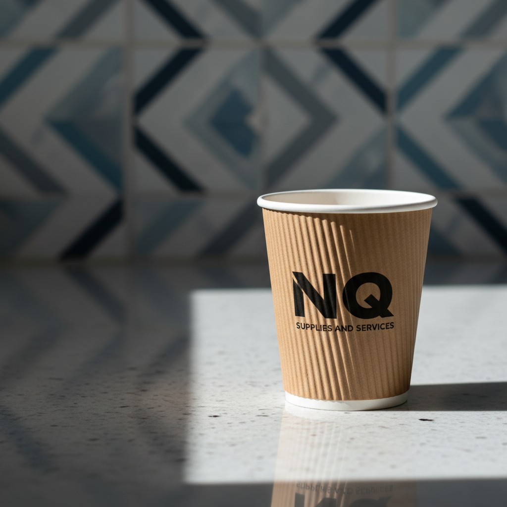 Paper cup with logo, featuring text and design, possibly for branding or promotional use.