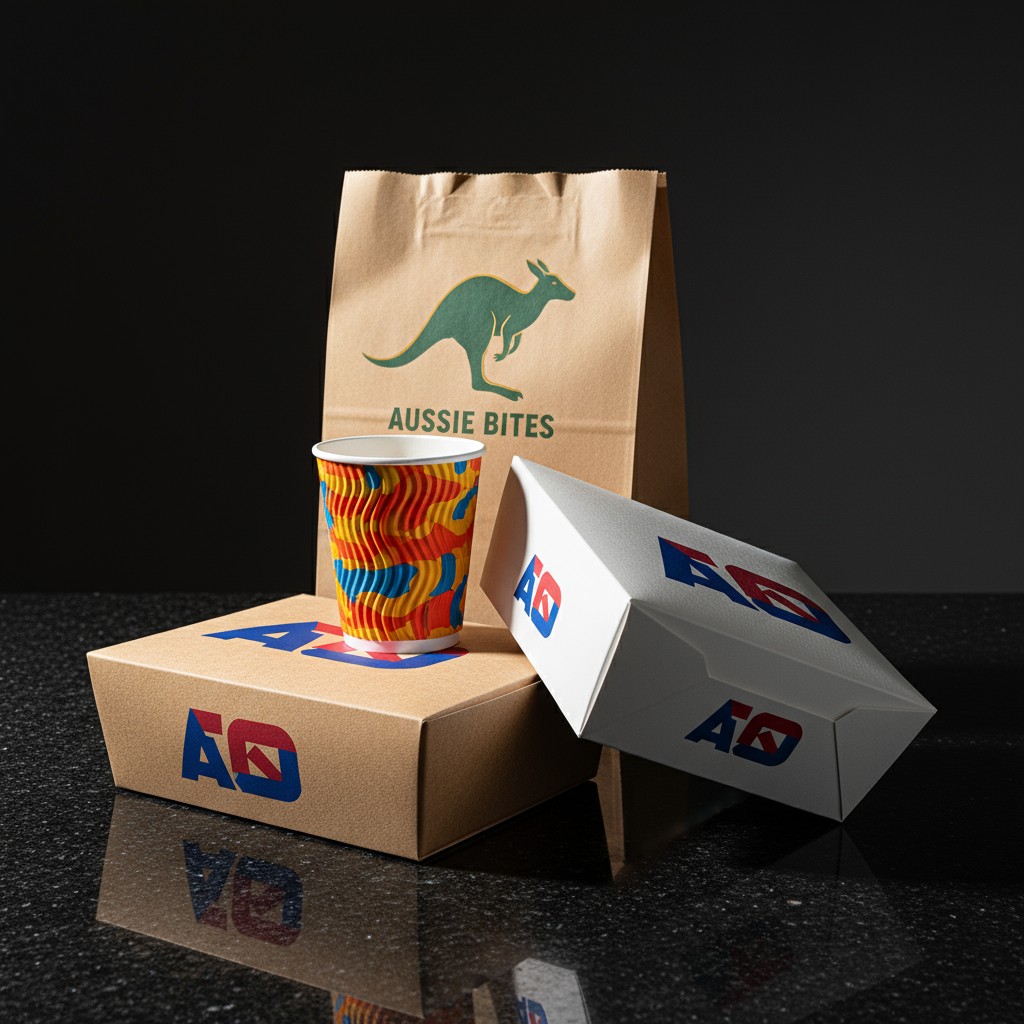 A photorealistic image consists of a paper bag, a take-away paper cup, and some cardboard food containers on a speckled bl...