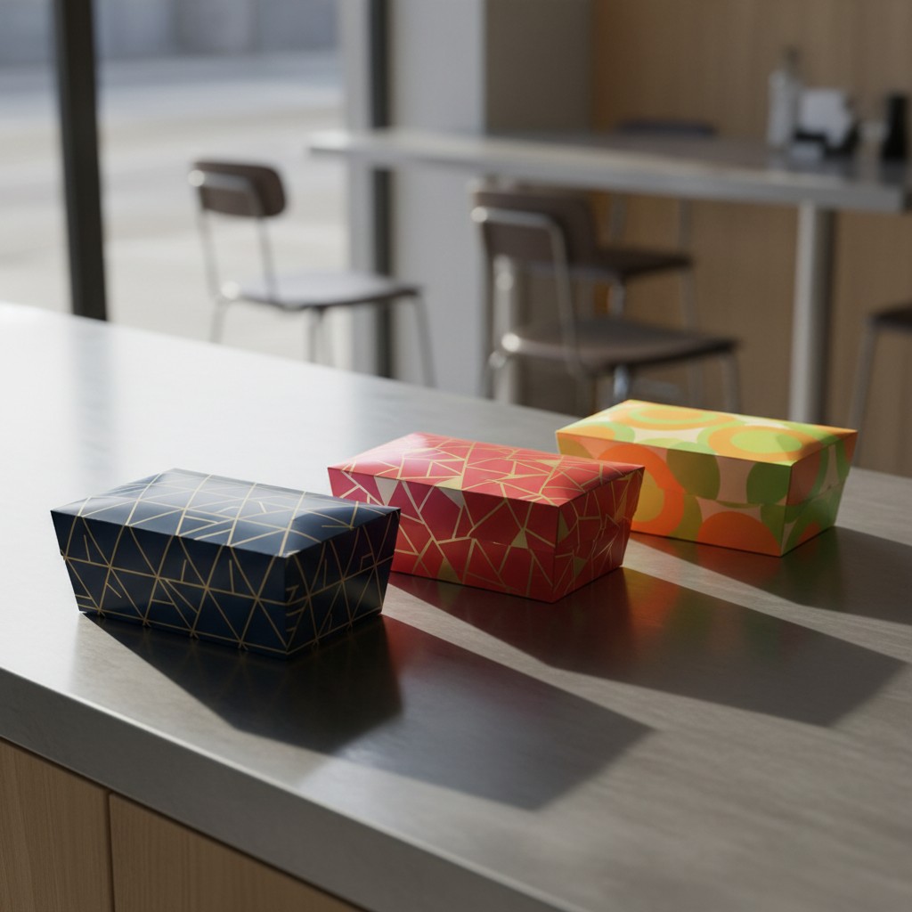 Three square boxes, varying in colors and pattern of gold geodesic lines on black, red, and orange and green, sit on a gre...