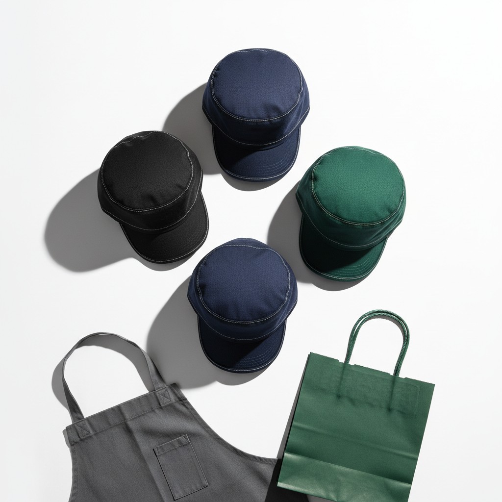 Photograph of various caps and assorted accessories. None of the caps appear to have any text or texts, but they are in di...