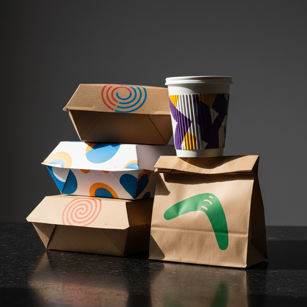 A collection of cardboard containers, paper bags, and a disposable coffee cup, with colorful patterns, arranged on a black...